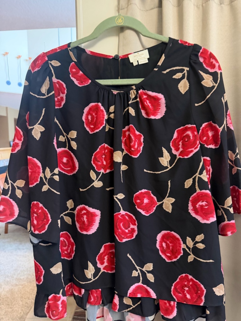 kate spade Black Blouse with Red Rose Print
